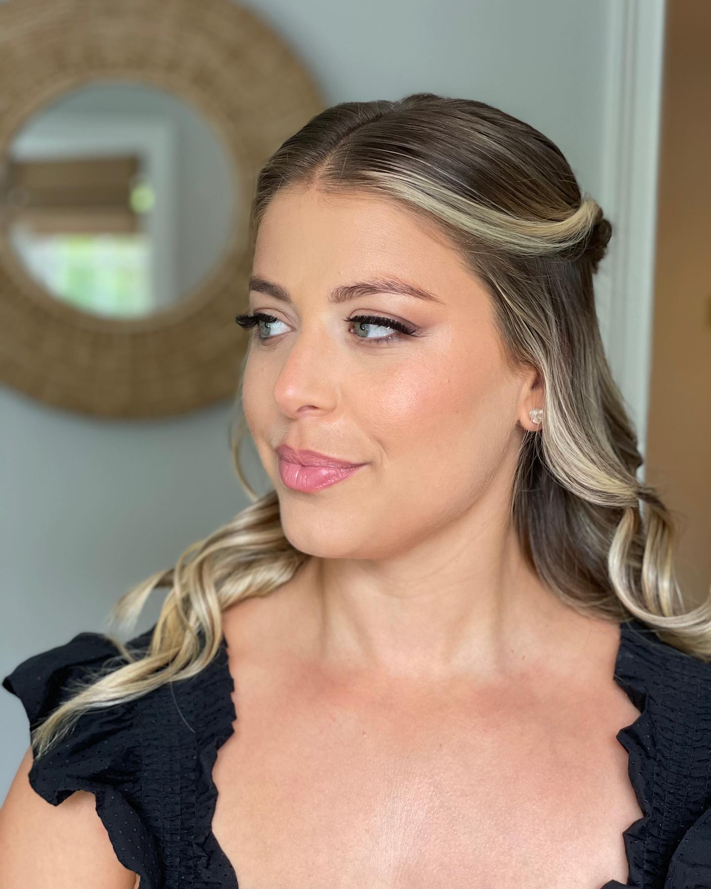 Bridal party in matching pajamas with coordinated hair and makeup by Doorbell Salon Fairfield County